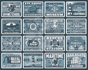 Nautical and sea travel vector design. Anchors, helms and ropes, sail boat compass, chain and sailor knot, lighthouse, yacht captain cap and vessel bell, diving helmets, marine animals, lifebuoy