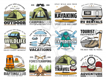 Camping, travel and outdoor adventure vector icons with tourist equipment. Camp tent, backpack and mountain skis, kayak boats, compass and campfire, hiking boots, rv trailer and rafting vest