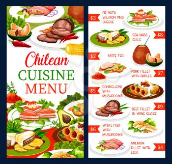 Chilean cuisine restaurant vector menu, traditional Chile food meals and dishes. South America authentic national cuisine beef and pork meat, salmon fish fillet, mate tea and cannelloni with mushrooms