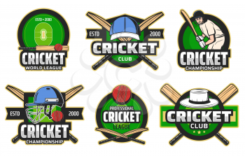 Cricket sport game and player vector icons. Sport club, tournament and championship symbols. Cricket player with bat and red ball, cricket umpire hat and helmet on green field. Heraldic icons