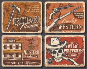 Western cowboy and Wild West saloon, skull and sheriff hat, shotgun and tomahawk, bow, Texas longhorn bull, revolver gun shop. American Western vintage vector grunge posters, rodeo show and Indian