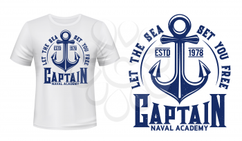 Nautical anchor T-shirt print, vector navy blue template mockup. Sea and ocean naval academy sign with blue ship anchor symbol, t-shirt mockup and text.
