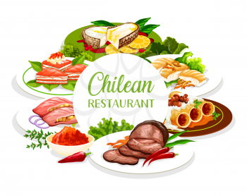 Chilean cuisine restaurant menu vector cover. Authentic traditional cuisine food dishes. Chilean mate tea, cannelloni pasta with mushrooms, sea bass fish in chili pepper and salmon with leek