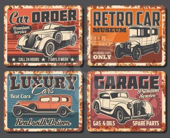 Retro cars garage station service, vector metal plates with rusty effect. Vintage vehicles restoration workshop, antique cars museum exhibition, spare parts shop and mechanic repair service