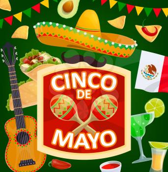 Cinco de Mayo Mexican holiday sombrero and maracas vector design. Mexico fiesta party hat, chili peppers and festival mariachi guitar, Mexican flag, tequila and margarita, tacos, nachos and guacamole