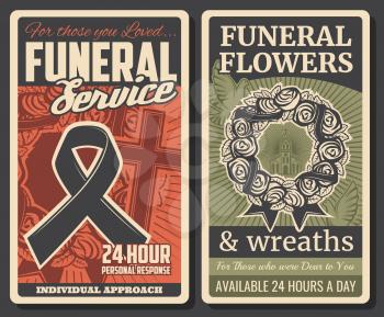 Funeral service, burial ceremony and church farewell memorial. Funeral floral wreath and black RIP ribbon for coffins, cremation columbarium and catafalque hearse service. Vector vintage poster