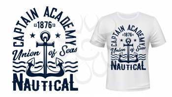 Ship anchor and ocean waves, vector navy blue t-shirt print template mockup. Captain academy and seafarer yacht club, union of seas, t-shirt apparel print with stars, waves and anchor