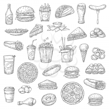 Fast food burgers, drinks and desserts vector sketch icons. Pizza and hamburger sandwich, chicken wings, nuggets and hot dog, burrito and tacos, french fries and noodles, ice cream and popcorn