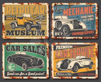 Retro vintage cars garage station and restoration rusty metal plates. Rarity and old vehicles museum, luxury limousine sale, spare parts shop and mechanic repair vector posters