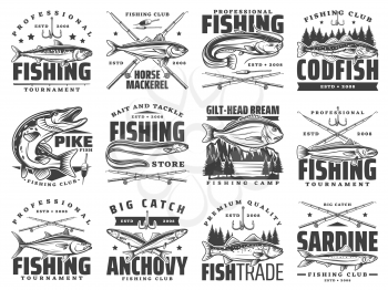 Fishing sport club badges, fishes and rod hooks tackle vector icons. Fisherman tournament of big fish catch, ocean tuna, sea bass and horse mackerel, sardines and ocean anchovy, river pike and catfish