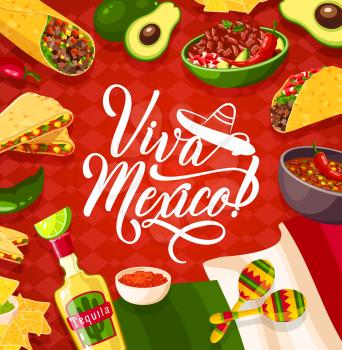 Cinco de Mayo Mexican holiday cuisine food. Fiesta sombrero hat, maracas and flag of Mexico, chilli peppers, tacos, burrito and nachos, tequila, guacamole and salsa sauces.Viva Mexico vector