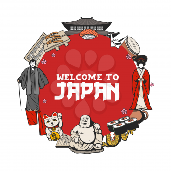 Japanese culture, traditions, food and travel landmarks. Geisha and samurai, sushi and tea ceremony, Japanese origami and Go game, Budai buddha and kitty.Welcome to Japan vector poster