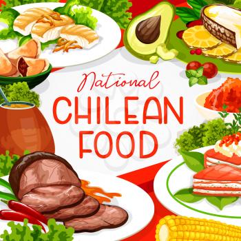 Chilean cuisine restaurant menu cover, South America traditional authentic dishes. Pie with salmon and cheese, seabass fish in chili pepper, mate tea drink and cannelloni with mushrooms. Vector