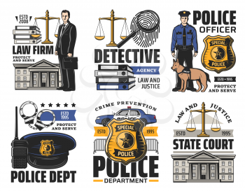 Justice, legislation and law vector icons, policeman with dog and police officer badge. Lawyer firm and detective investigation agency, justice state court and police department symbols