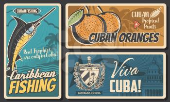 Cuba travel, culture landmarks and entertainment. Cuban tropical orange fruits, caribbean fishing tours, Cuba map, flag and coat of arms, Capitol building vintage vector posters