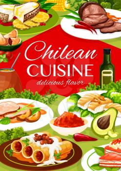 Chilean cuisine. Chilean mate tea drink, sea bass fish with chili pepper and salmon fillet with leek, cannelloni pasta with mushrooms. National food, vector fish, meat and vegetables dishes