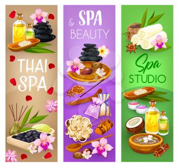 Spa salon, massage and beauty wellness vector banners. Oriental thai spa face and body care, massage hot stones, essential oils and towels, aromatherapy candles, soap and herbal therapy treatments