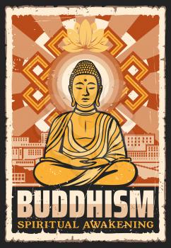Buddhism religion, meditation and spiritual awakening buddhist school. Vector vintage grunge poster. Buddha in lotus pose and mudra sign hands with swastika, Tibetan religion and enlightenment