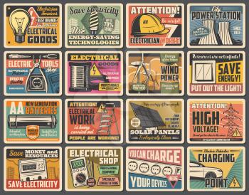 Electricity, energy and power industry vintage vector plates. Power plant, wind turbine and solar energy technology. Electrician equipment and tools, high voltage, save energy and car charging point