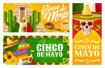 Cinco de Mayo Mexican holiday vector banners. Mexico fiesta sombrero hats, maracas and festival mariachi guitar. Cactuses, calavera skulls and flags, tequila, tacos and nachos, pinata and pyramid