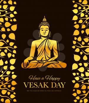 Gold Buddha in meditation. Vesak Day holiday vector poster. Buddha sitting in lotus yoga pose with bodhi tree leaves decoration. Buddhism religion culture and tradition. Vesak Day religious holiday