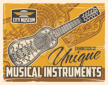 Musical string instruments museum exhibition, vintage retro poster. Folk music instruments unique exhibition, national and antique musical little string guitar, zither or sitar, mandolin