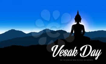 Vesak Day religious holiday. Buddha silhouette in lotus pose on sunrise landscape. Buddhism religion, culture and tradition. Vesak Day Birthday, meditation and death of Buddha holiday
