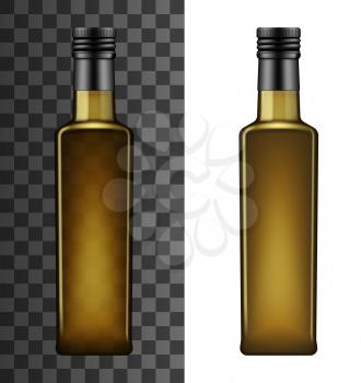 Olive oil bottle, square shape of brown glass with black lid. Vector 3D realistic mockup template of Italian, Greek or Spanish olive cooking oil, isolated on white and transparent background