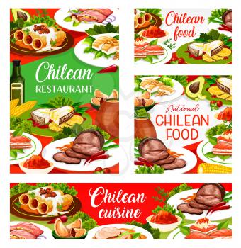 Chilean cuisine restaurant vector menu covers. Chili traditional lunch dishes, cannelloni pasta with mushrooms, beef fillet in wine glaze and mate tea, salmon fish fillet and sea bass