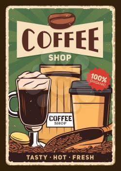 Irish coffee cup, beans and package. Coffee shop vector vintage retro poster. Takeaway hot drink in paper cup and irish coffee in glass, beans bag in grunge frame