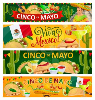 Cinco de Mayo holiday and Viva Mexico vector banners of Mexican fiesta party sombrero hats, maracas, cactuses and chili peppers. Mexican flag, mariachi guitar and mustache, tacos and nachos, tequila