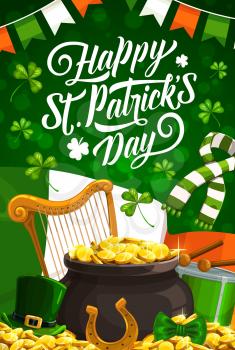 Happy St Patrick Day vector design of Irish holiday green shamrock, leprechaun pot of gold and hat, clover leaves, golden coins and horseshoe, Ireland flag, drum and harp. Greeting card