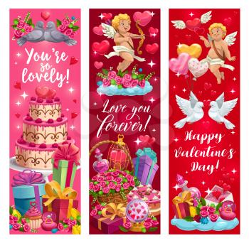 Lovely Valentines day greetings. Declaration of forever love, cupids, passion and dating symbols. Vector couples of doves, wedding cakes and flower bouquets, flasks with elixir and messages envelopes