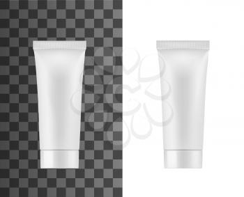 Cosmetic white tube package, isolated 3D mockup template. Vector realistic blank plastic tube with cap of toothpaste, hand cream or lotion, facial cleanser and liquid skincare moisturizer tube pack