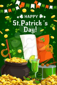 Patricks Day Irish holiday leprechaun gold pot and shamrock vector greeting card. Green beer, flag of Ireland and clover leaves, lucky horseshoe, celtic elf shoes and drum, crosier, golden coins