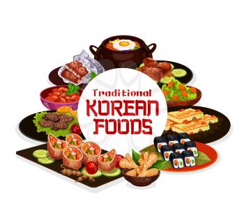 Korean cuisine food, traditional asian restaurant menu dishes. Vector pork ribs in soy sauce and korean bibimpab pot, BBQ beef bulgogi, fried shrimp with spinach, seaweed salad and desserts