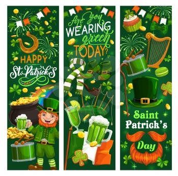 Irish leprechaun with Patricks Day green beer, shamrock and hat with gold vector banners. Clover leaves, golden coins pot and lucky horseshoe, flag of Ireland, celtic elf treasure cauldron on rainbow