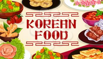 Korean cuisine food, authentic dishes, Asian restaurant menu, cooking recipe book. Vector Korean meat and tofu dishes, salads and sauces, desserts and dumplings, seafood and spices