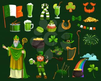 St Patricks Day vector symbols, Irish leprechaun and pot with gold coins, shamrock or clover leaves, green beer and lucky horseshoe, hat, boots, orange beard and rainbow. Ireland holiday