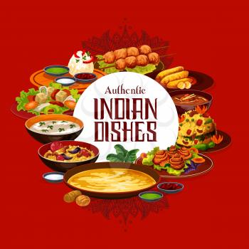 Indian restaurant menu cover, traditional authentic cuisine food. Vector Indian meal dishes, vegetarian pulao, lemon with cashew and rice in mint sauce, lamb meat skewers and shorba soup
