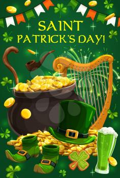 St Patrick shillelagh, green shamrock and beer vector greeting card. Leprechaun hat, pot of gold and shoes, golden coins and smoking pipe, harp, bunting garland and firework. Irish holiday design