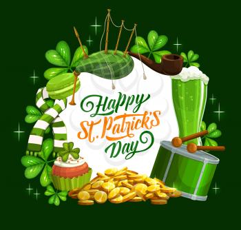 Irish St Patrick day holiday celebration shamrock clover and green ale beer mugs, pints. Vector Patricks day greeting with symbols Irish bagpipes, leprechaun gold coins and drum