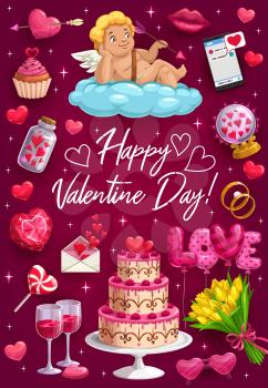 Happy Valentines day holiday attributes on card. Vector cupid on cloud, lips kiss and wedding cake, flower bouquets and glasses of wine. Day of love and gifts, mobile messages and letters
