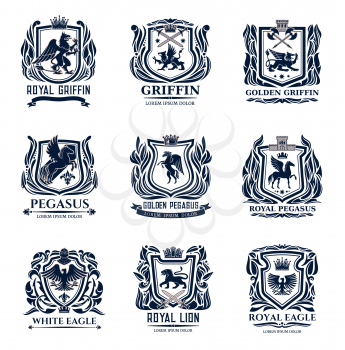 Heraldic shield badges with lions, eagles, pegasus and griffins. Vector design of coat of arms and medieval crest with animals, royal crowns, knight swords and helmets, castle towers, victorian lilies