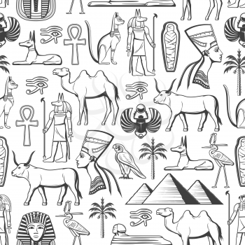 Ancient Egypt monochrome seamless pattern. Vector Egyptian culture, travel, history and religion signs, gods and deities. Nefertiti and Ra, mummy and Sphinx, pharaoh, Anubis and pyramids, Horus eye