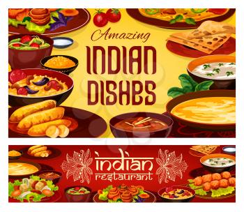 Indian cuisine restaurant menu, traditional India gourmet food dishes. Vector Indian authentic breakfast and dinner meals of with vegetables and curry rice, meat and fish with curry rice