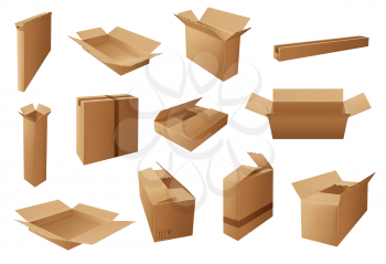 Delivery packages 3d vector design of brown cardboard boxes and carton parcels. Cargo shipping, warehouse storage and moving packs, open and closed containers with packaging marks and packing tapes