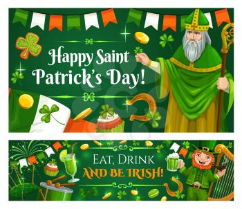 Saint Patrick day, Happy Irish Celtic holiday celebration. Vector St Patrick Paddy man, leprechaun with green beer mug, Ireland flag and bagpipes, shamrock luck clover and shamrock clover