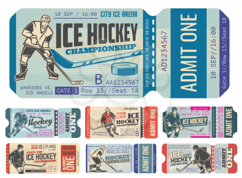 Ice hockey ticket vector templates, sport game championship match permit. Admit one retro tickets with players, pucks and sticks, rink, skates, team uniform jerseys and helmets