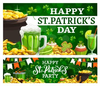 Happy Patricks day invitation to party on green. Vector pot of gold coins, mug of green ale beer, cocktail with straw, gingerbread cookies, shamrock. Leprechauns smoking pipe, hat and bow, drum